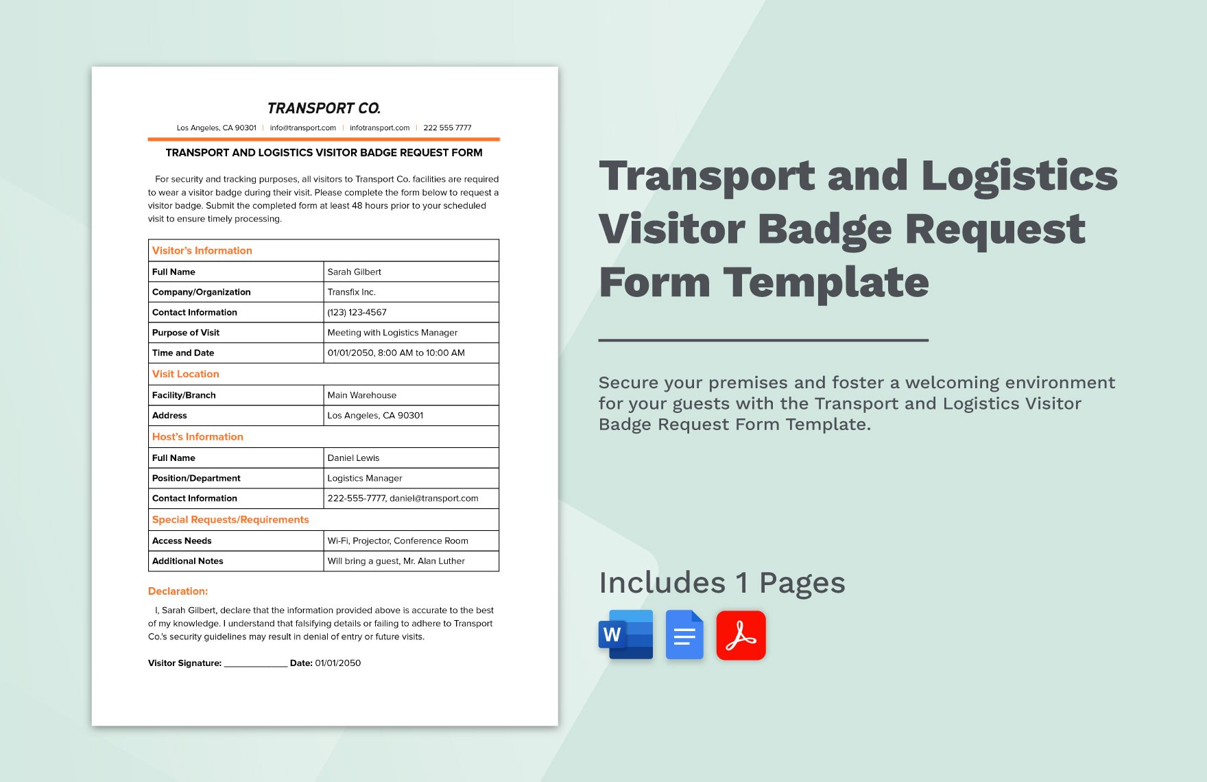 Transport and Logistics Visitor Badge Request Form Template in Word, Google Docs, PDF