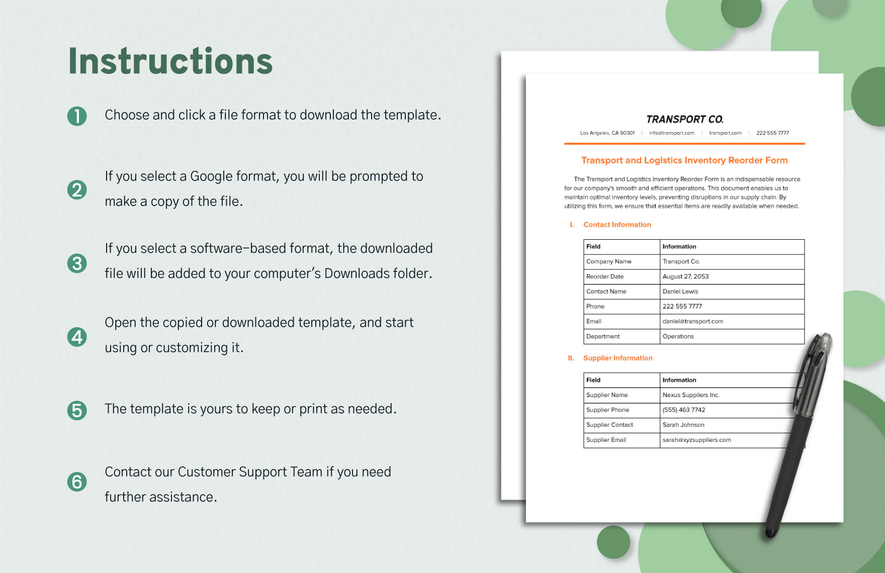 Transport and Logistics Inventory Reorder Form Template