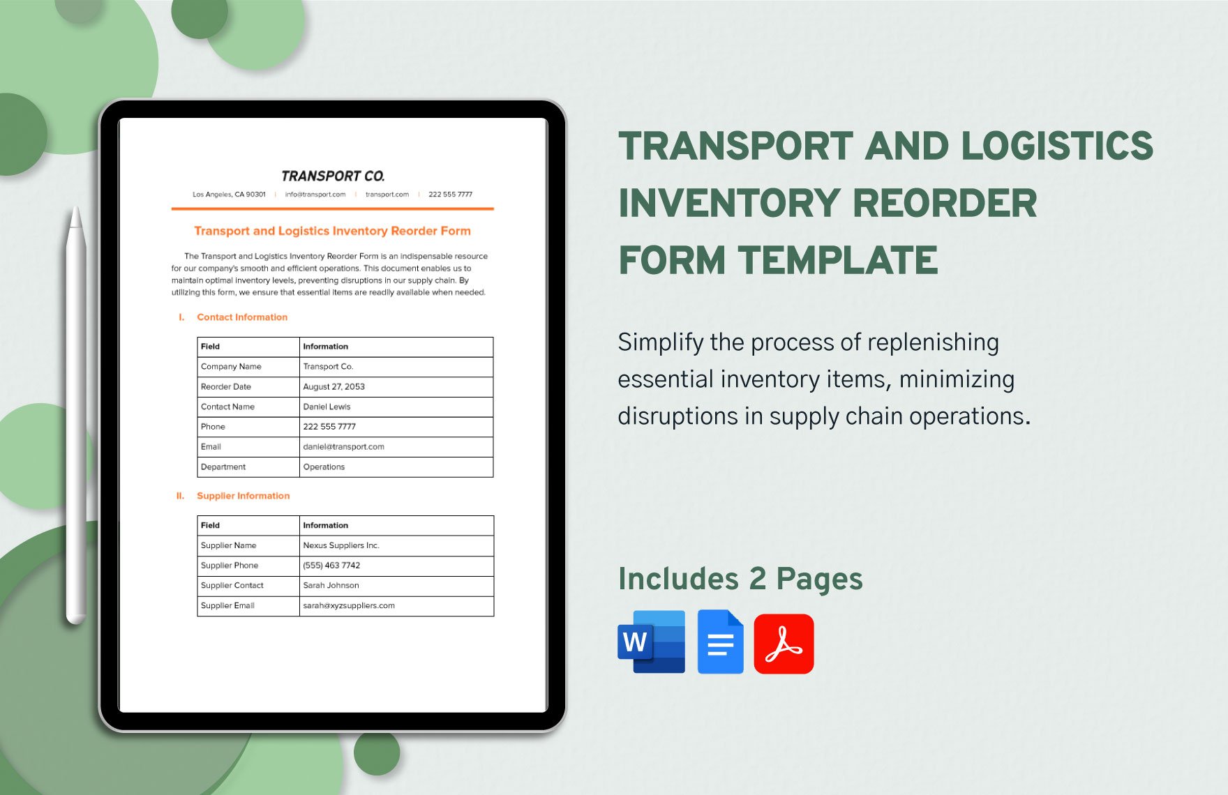 Transport and Logistics Inventory Reorder Form Template in Word, Google Docs, PDF
