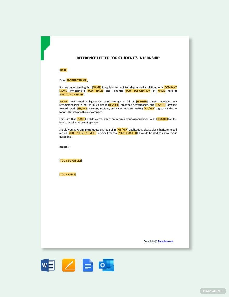 Free Reference Letter for Internship Student Template