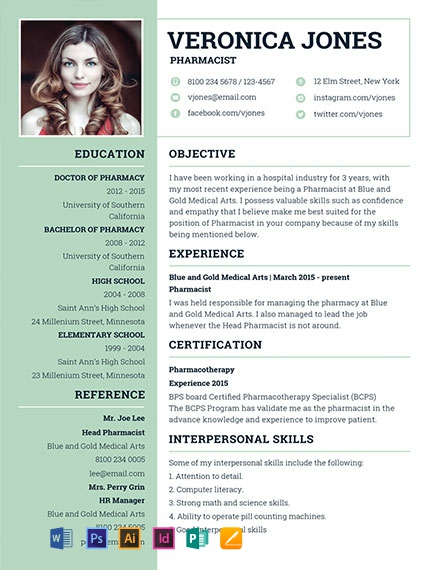 Free Basic Pharmacist Resume Template - Illustrator, InDesign, Word, Apple Pages, PSD, Publisher