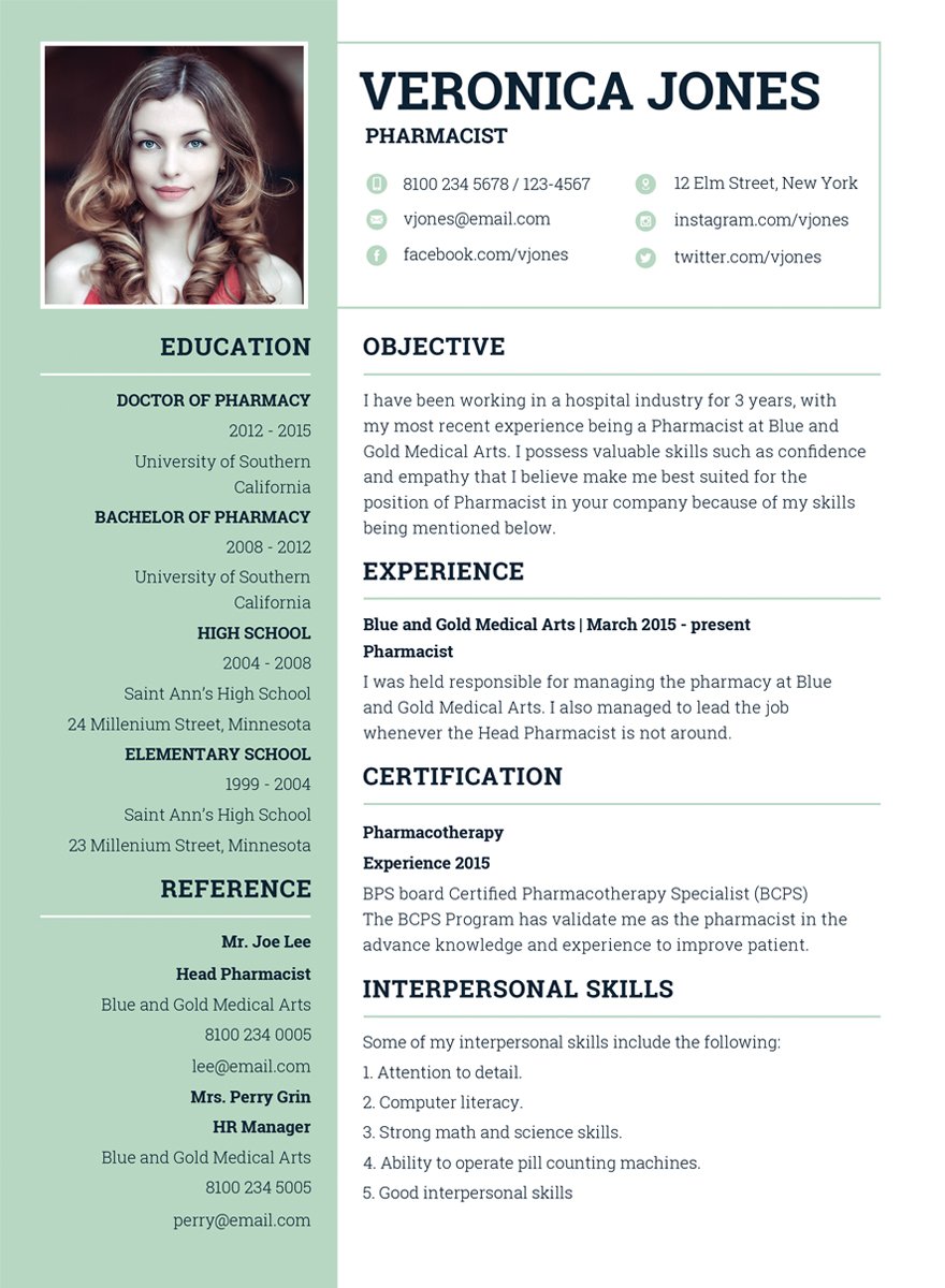 Basic Pharmacist Resume in Word, Illustrator, PSD, Apple Pages, Publisher, InDesign