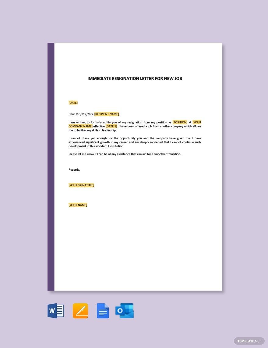 Free Immediate Resignation Letter For New Job in Word, Google Docs, PDF, Apple Pages, Outlook