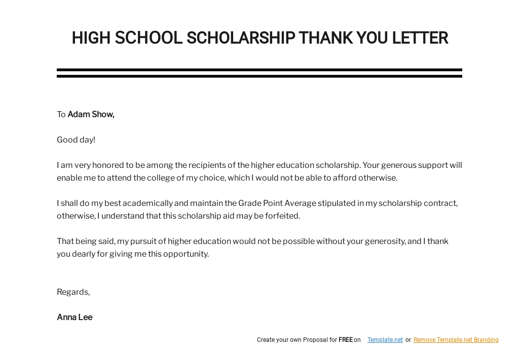 Free High School Scholarship Thank You Letter Template - Google Docs, Word