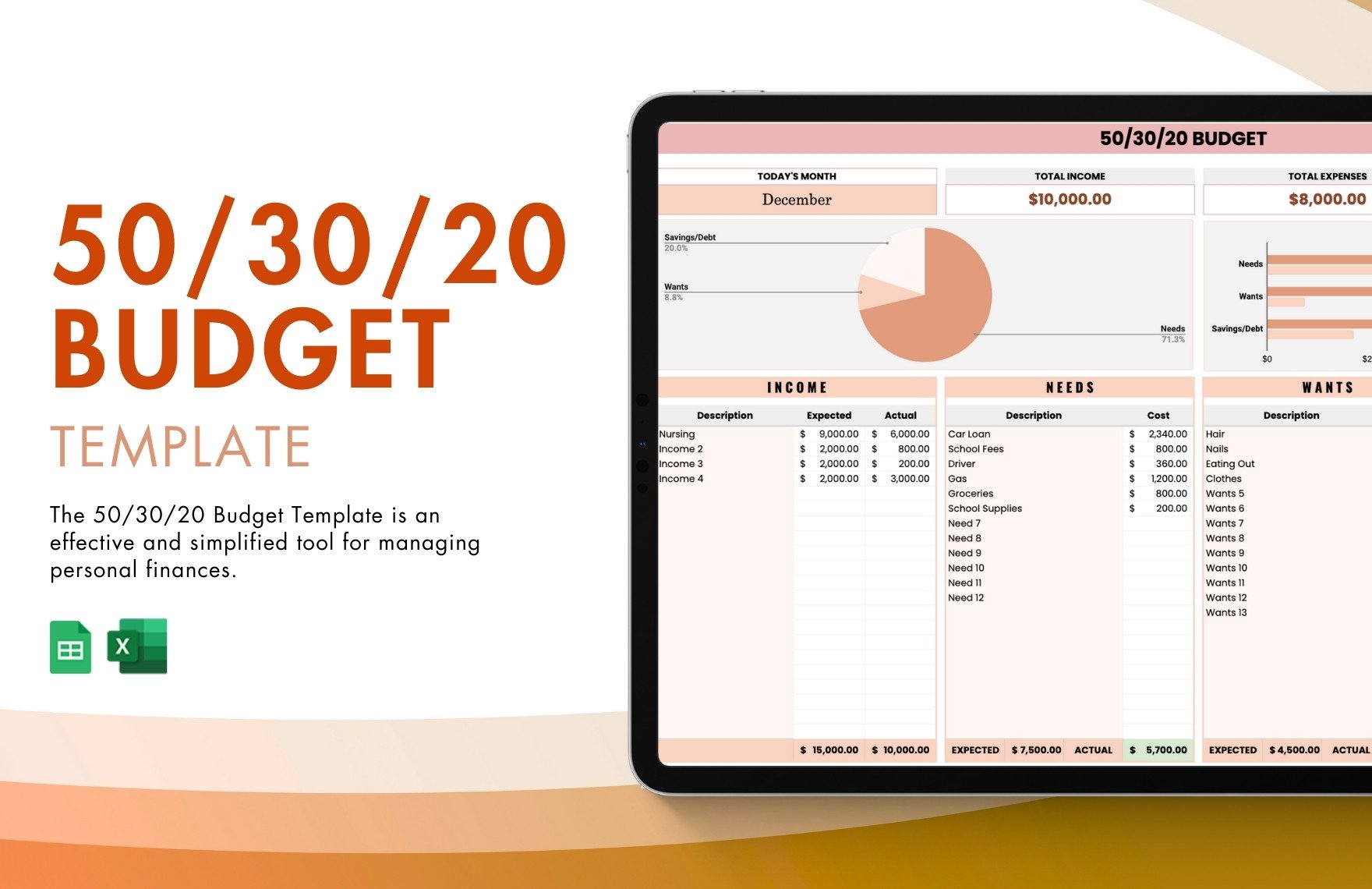 50/30/20 Budget Template in Excel, Google Sheets