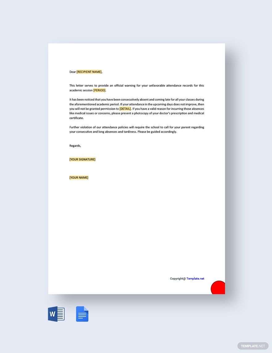 Attendance Warning Letter PDF Templates Free Download Template