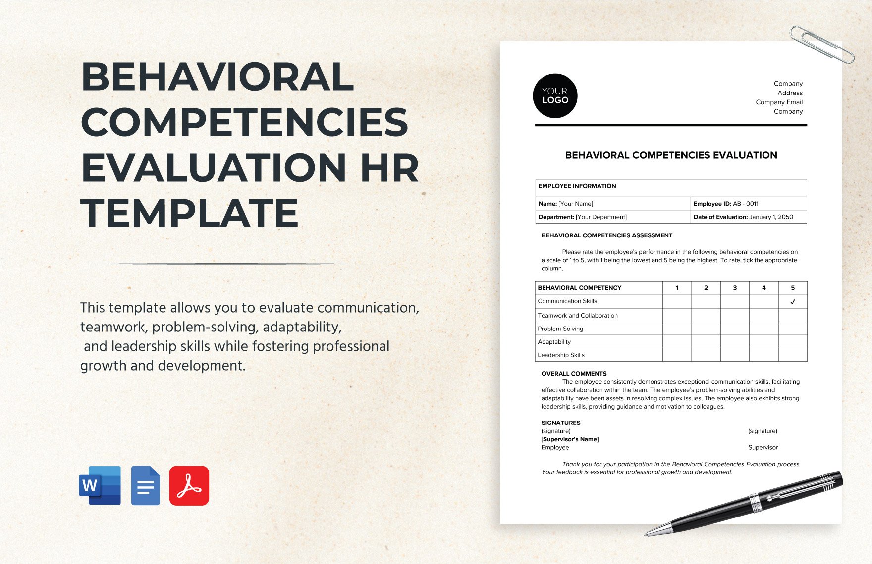 Behavioral Competencies Evaluation HR Template in Word, Google Docs, PDF