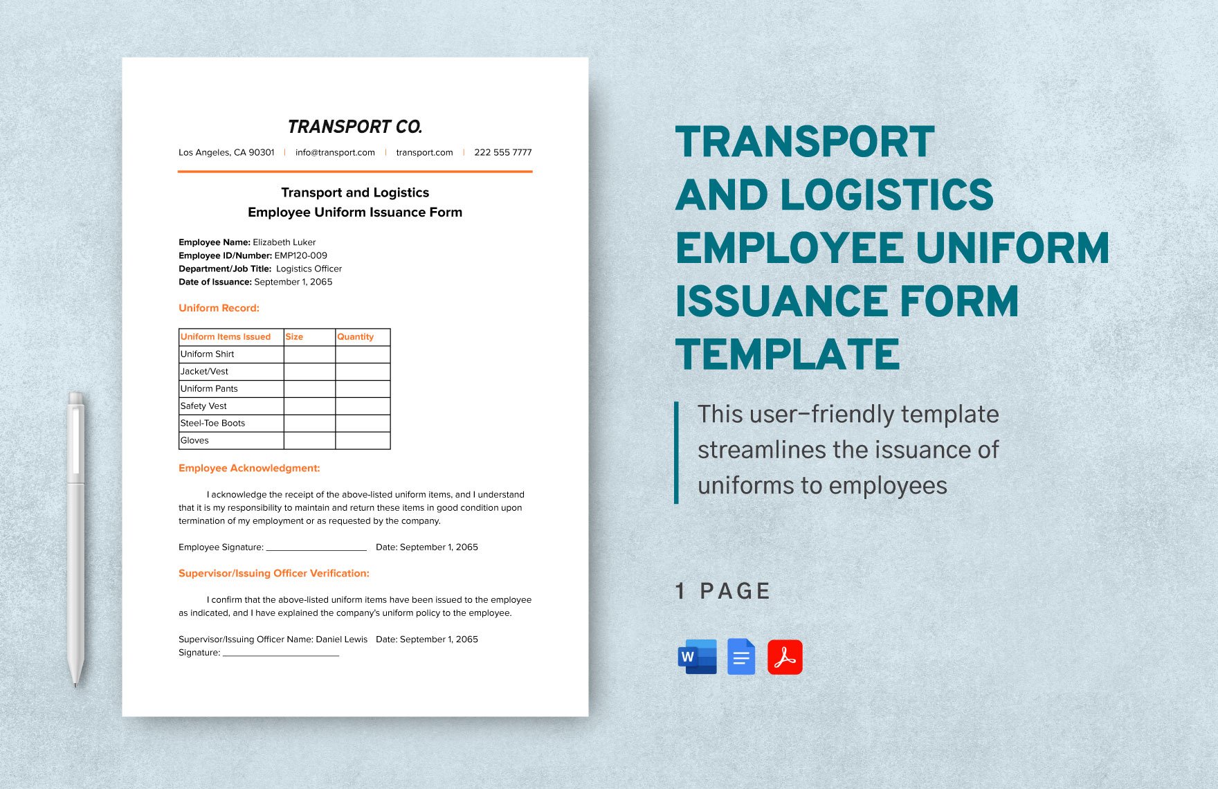 Transport and Logistics Employee Uniform Issuance Form Template