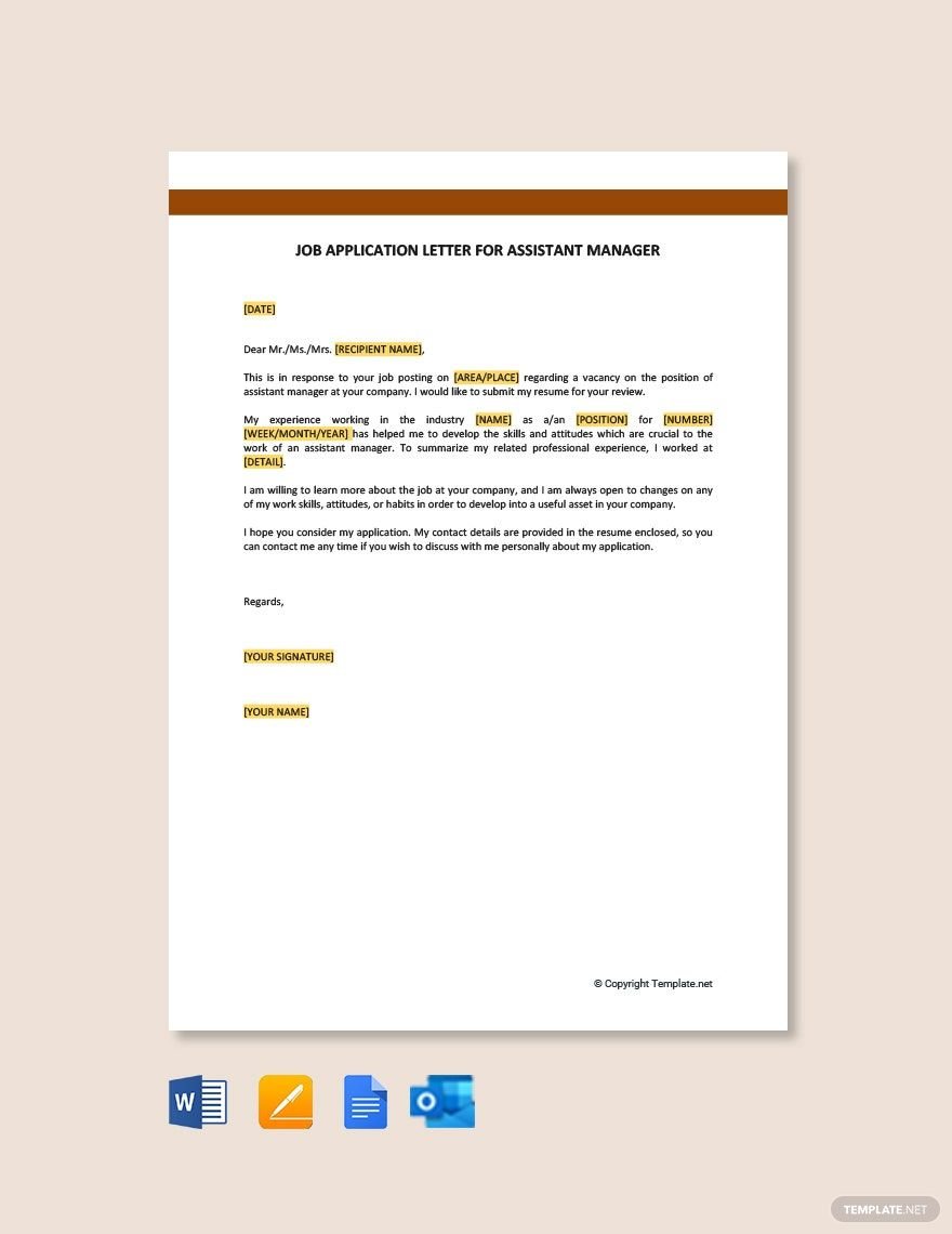 Free Job Application Letter for Assistant Manager Template