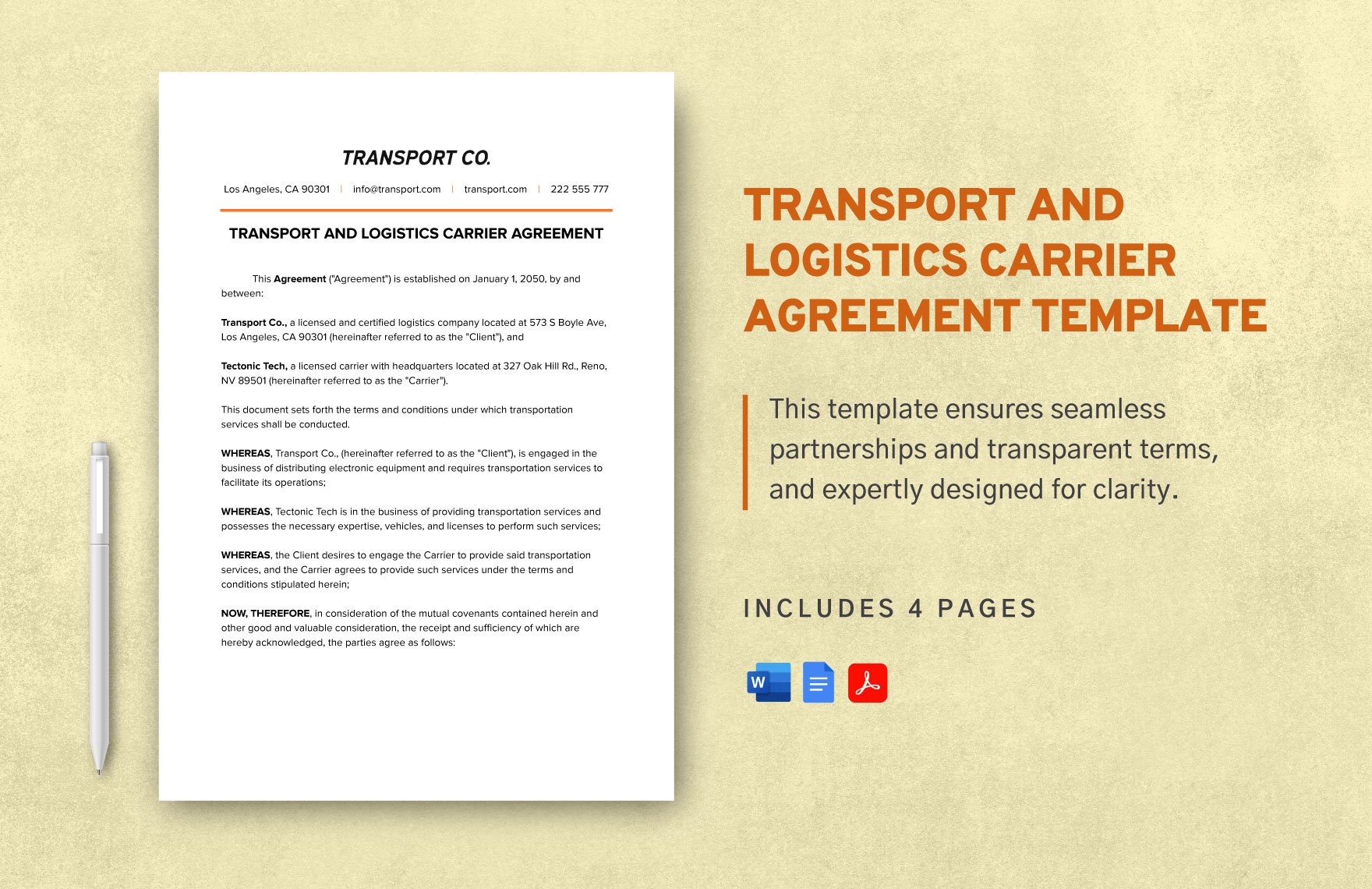 Transport and Logistics Carrier Agreement Template