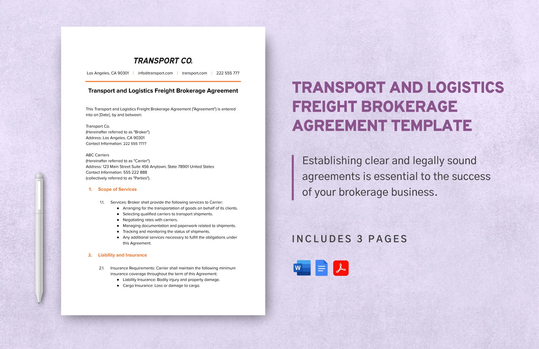 Transport and Logistics Freight Brokerage Agreement Template