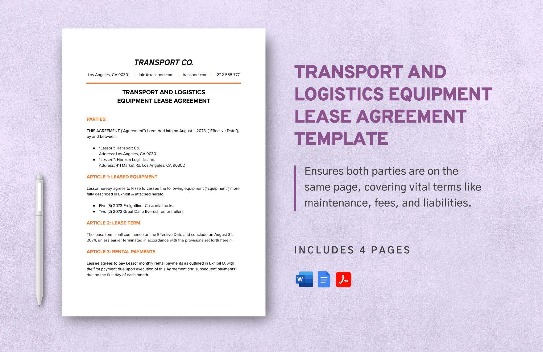 Transport and Logistics Equipment Lease Agreement Template