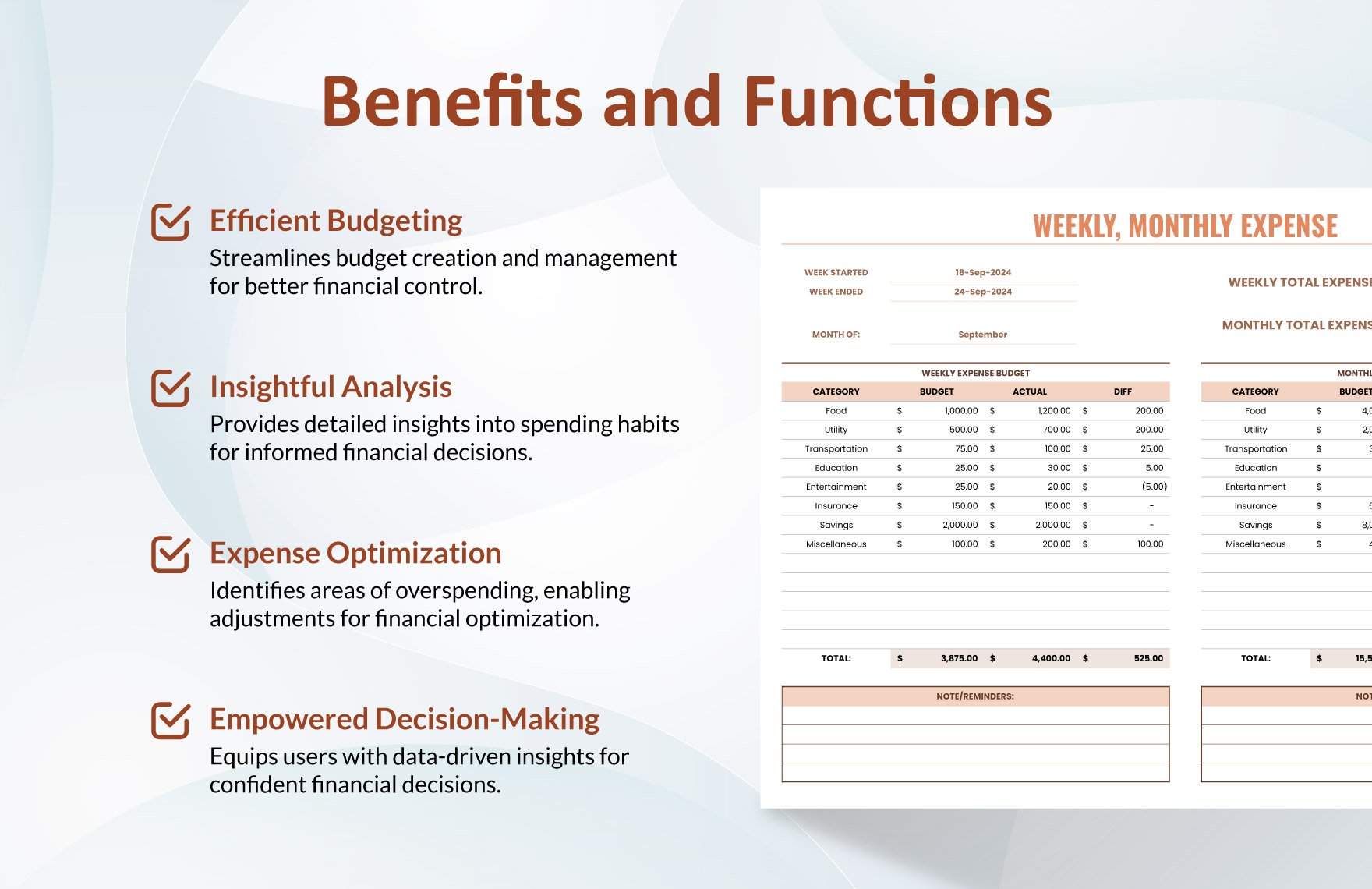 Weekly, Monthly Expense Template