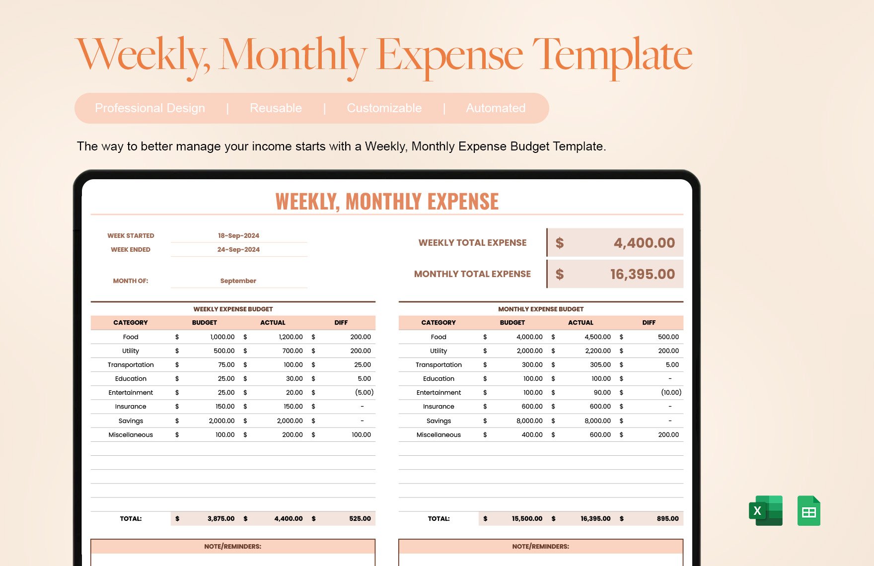 Free Weekly, Monthly Expense Template
