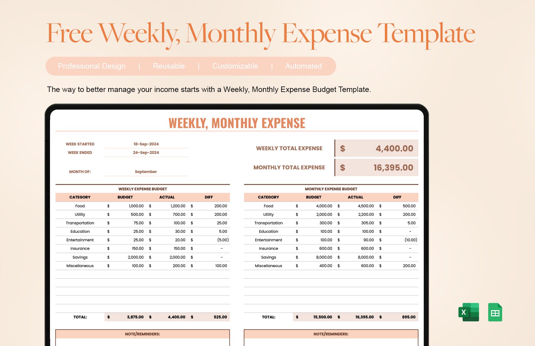 Free Weekly, Monthly Expense Template