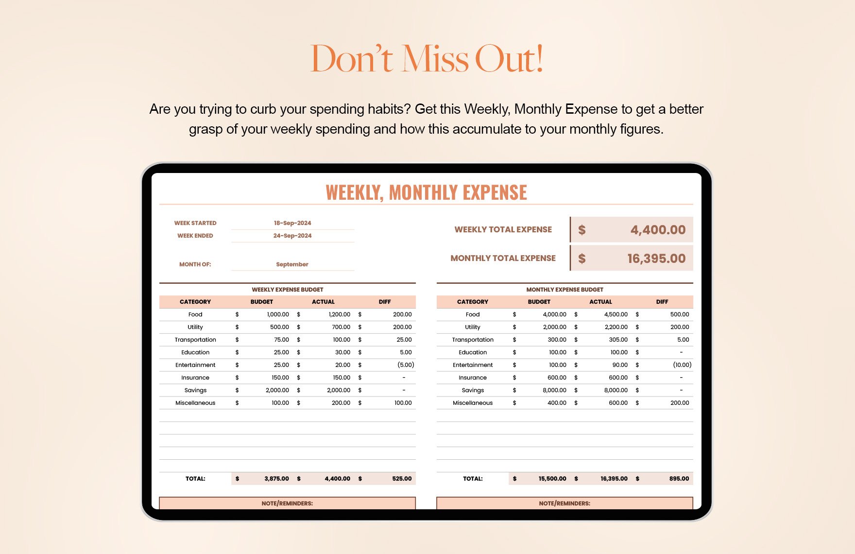 Weekly, Monthly Expense Template
