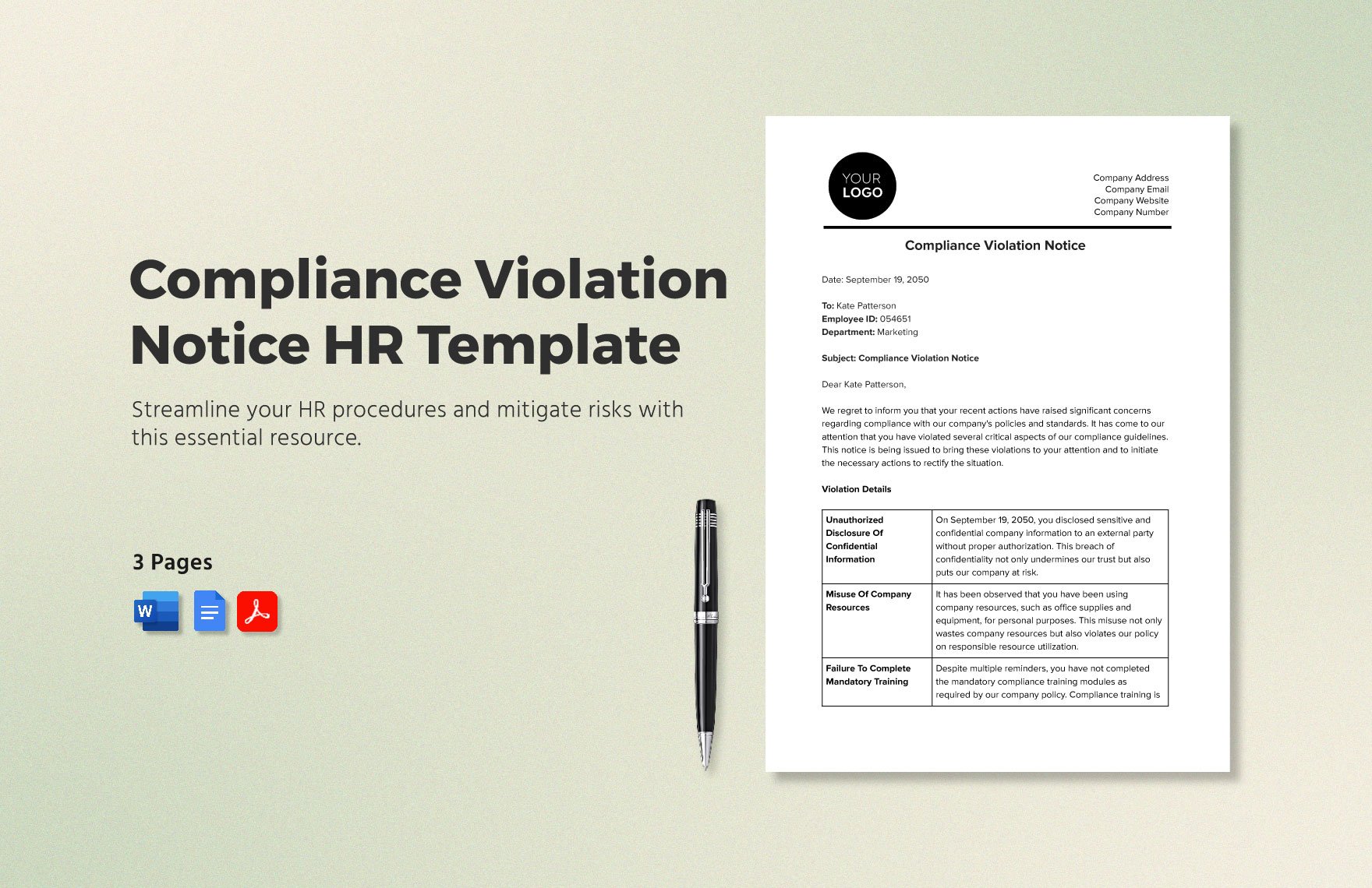 Compliance Violation Notice HR Template in Word, Google Docs, PDF