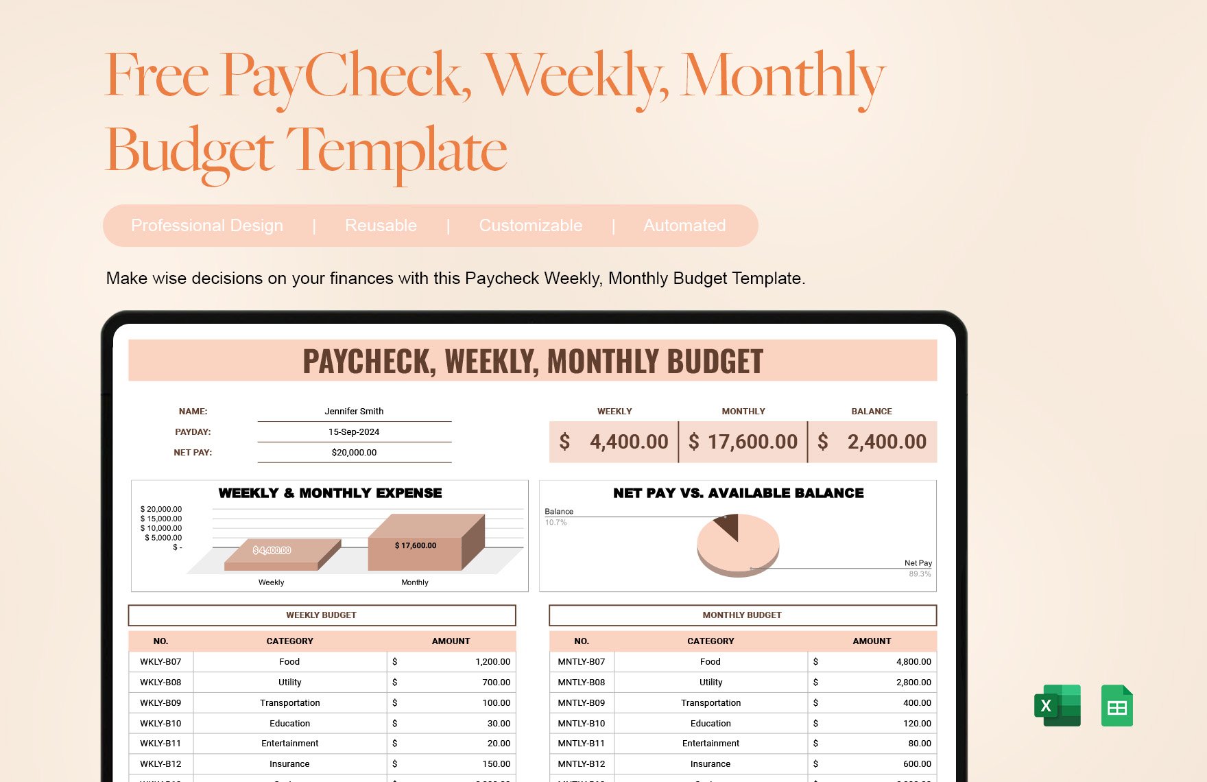 Free PayCheck, Weekly, Monthly Budget Template
