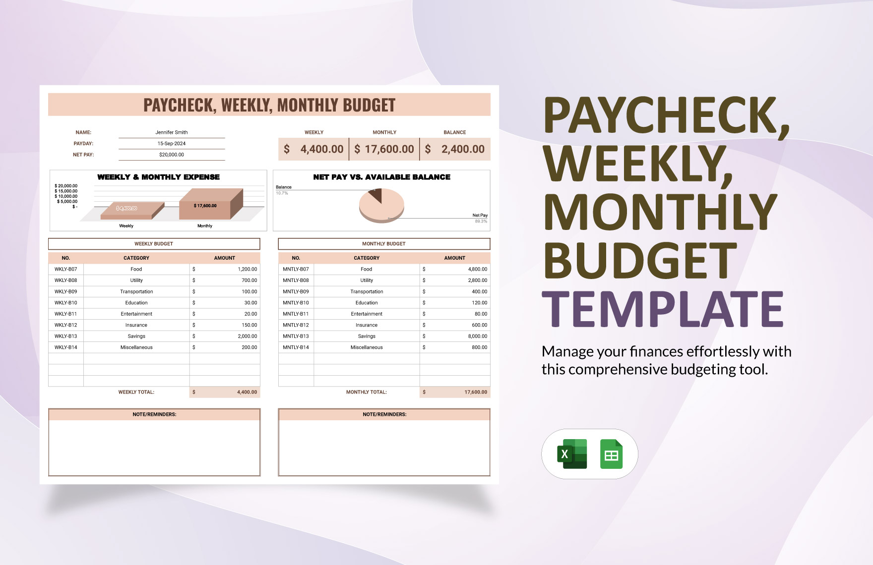 PayCheck, Weekly, Monthly Budget Template