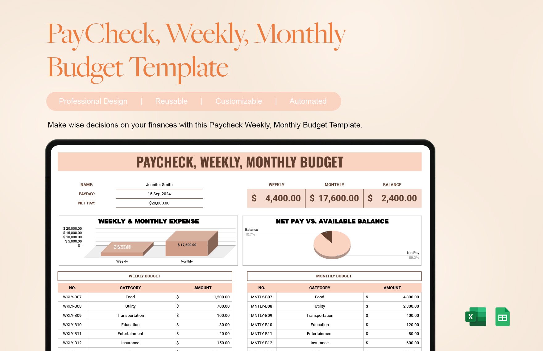 Free PayCheck, Weekly, Monthly Budget Template in Excel, Google Sheets