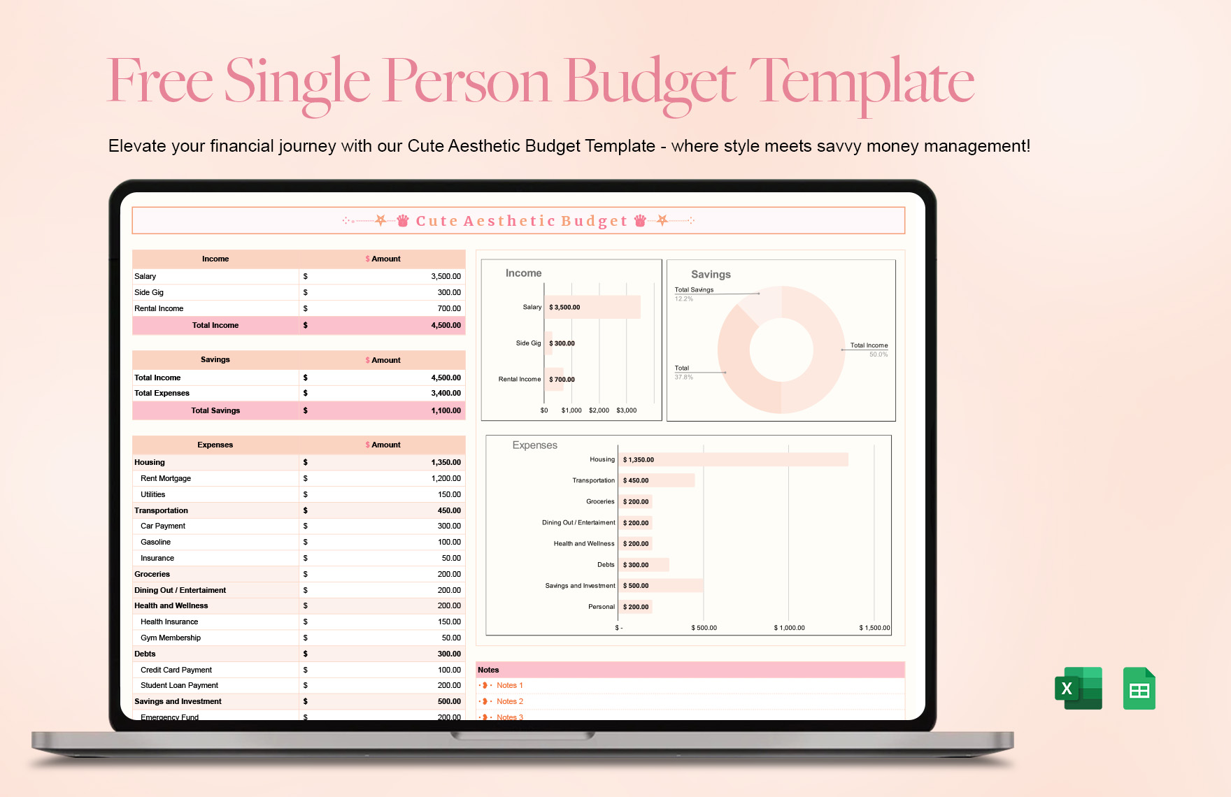 Cute Aesthetic Budget Template Download in Excel, Google Sheets