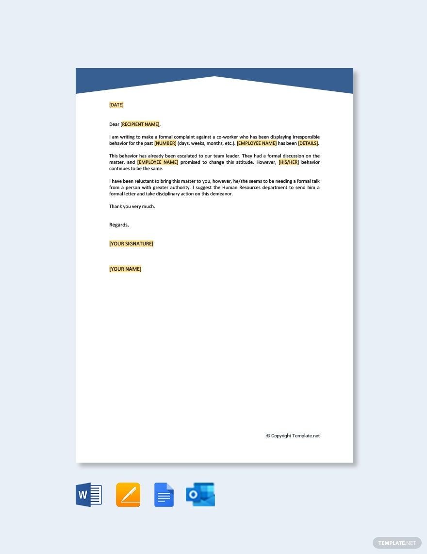 Formal Complaint Letter Against a Person in Word, Google Docs, PDF, Apple Pages, Outlook
