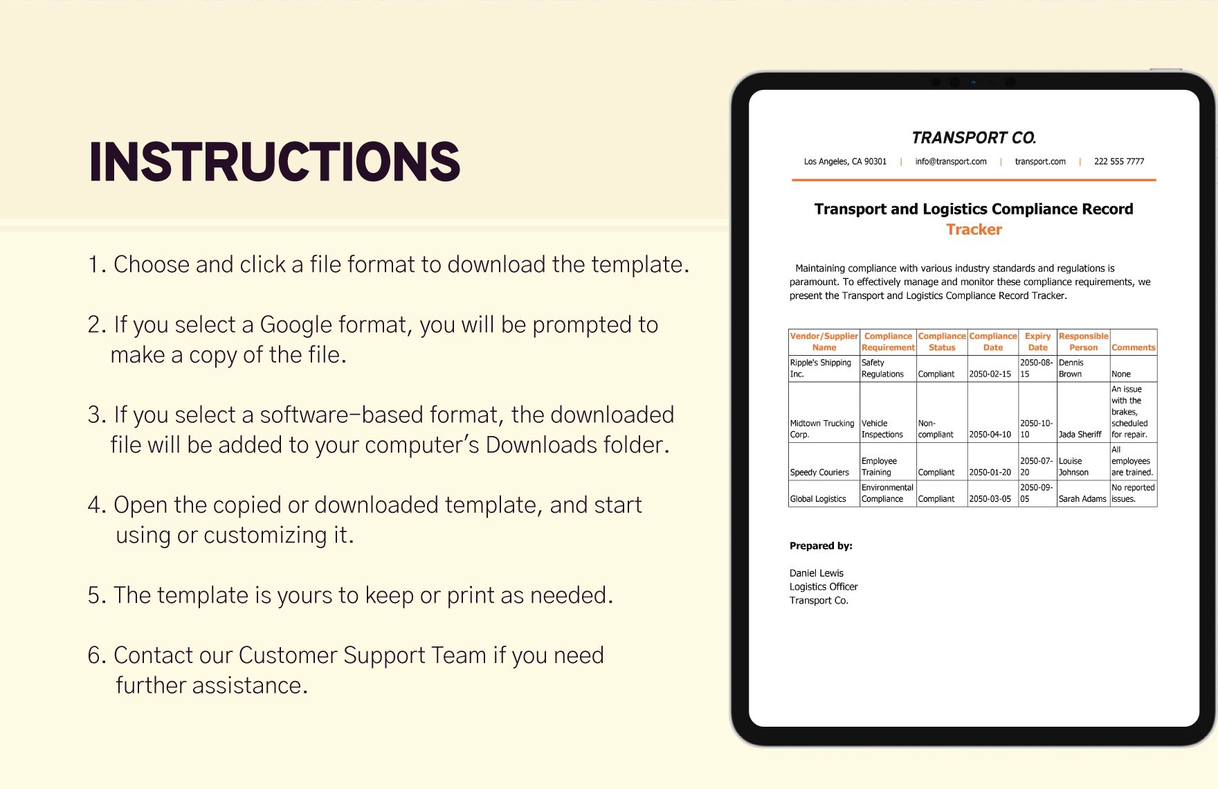 Transport and Logistics Compliance Record Tracker Template