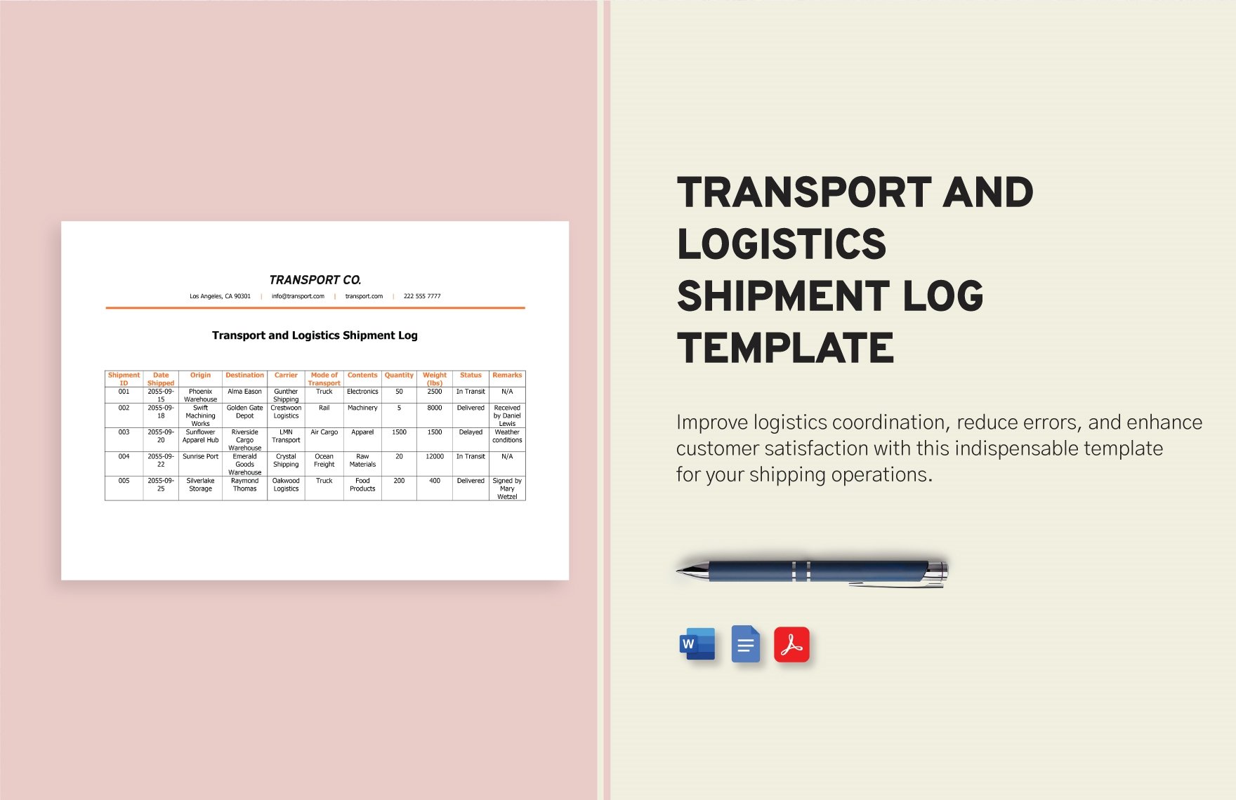 Transport and Logistics Shipment Log Template