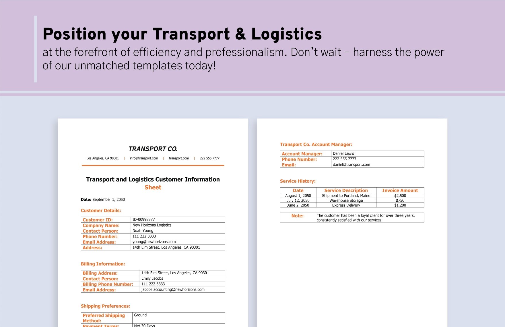 Transport and Logistics Customer Information Sheet Template