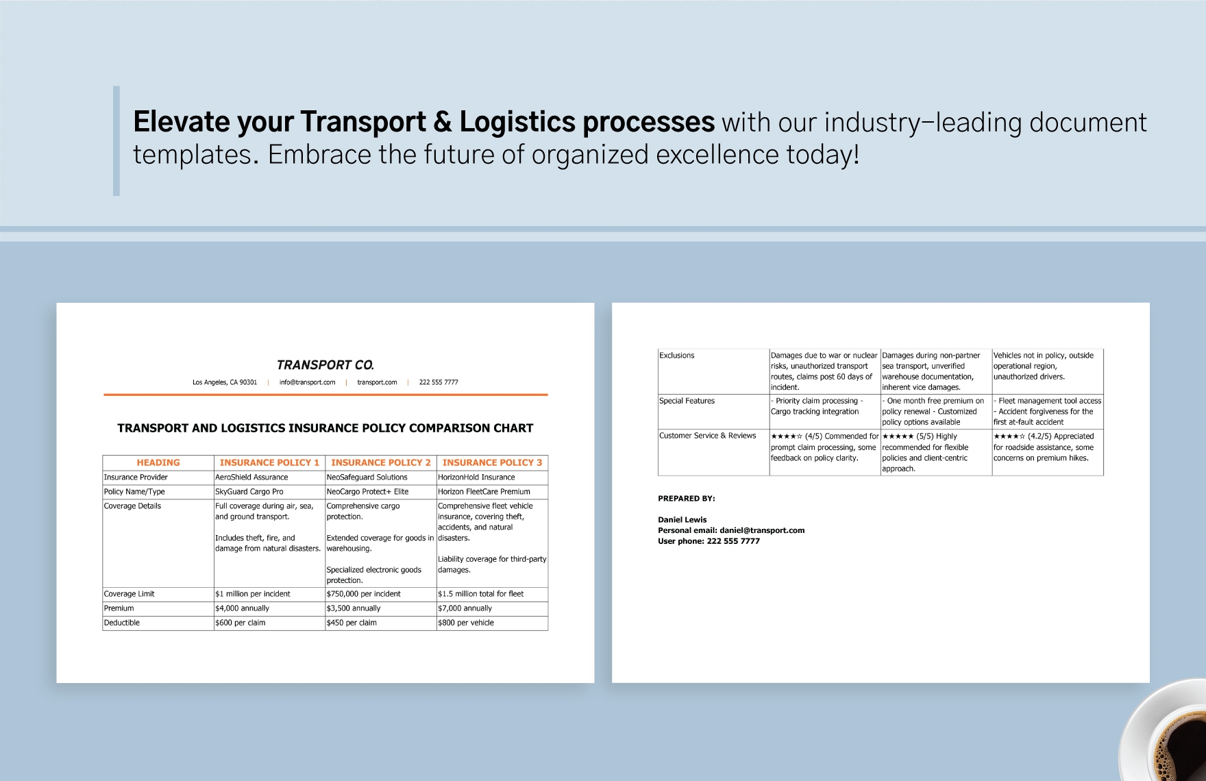 Transport and Logistics Insurance Policy Comparison Chart Template