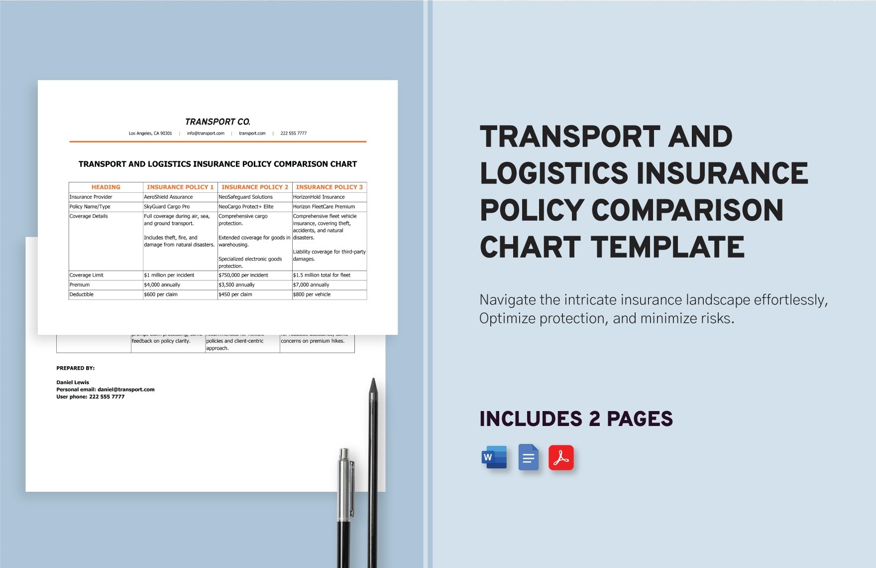 Transport and Logistics Insurance Policy Comparison Chart Template