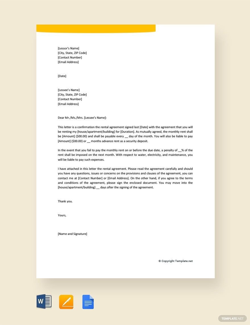 Rental Agreement Letter in Word, Google Docs, PDF, Apple Pages