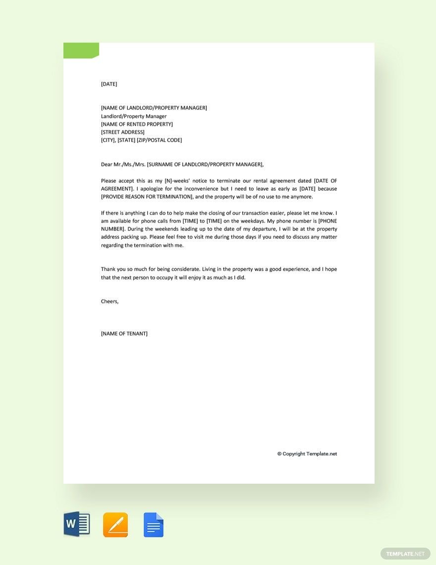Free Termination Of Rental Agreement Letter By Tenant