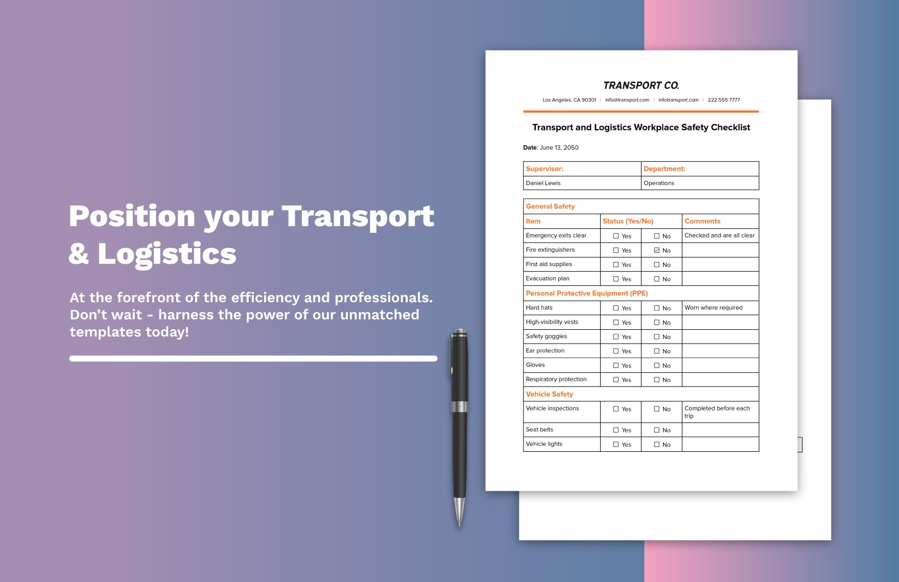 Transport and Logistics Workplace Safety Checklist Template