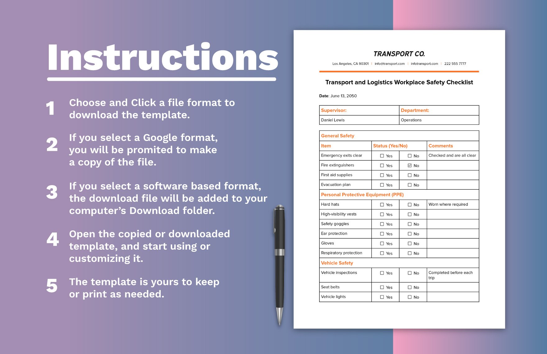 Transport and Logistics Workplace Safety Checklist Template