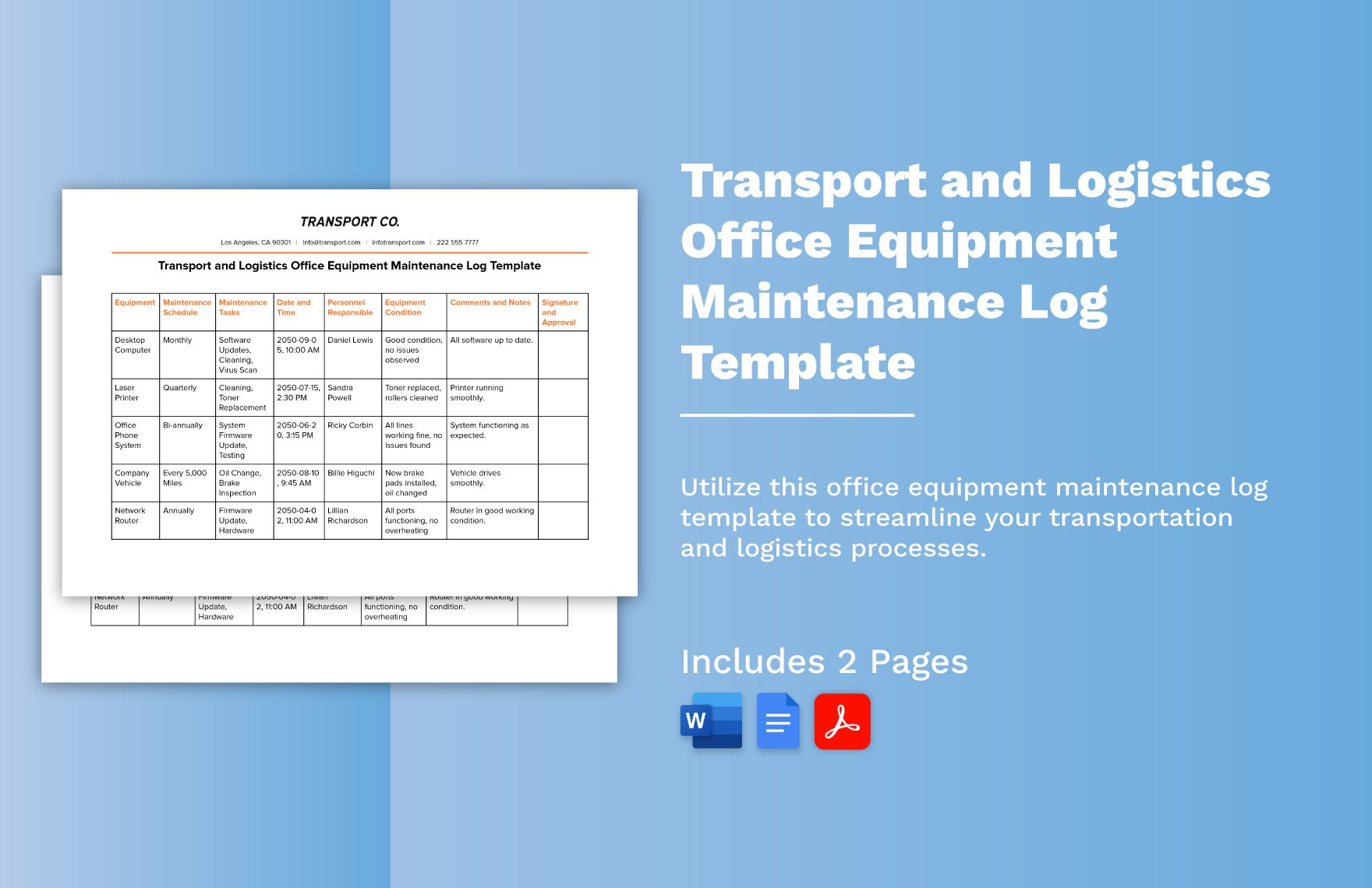 Transport and Logistics Office Equipment Maintenance Log Template