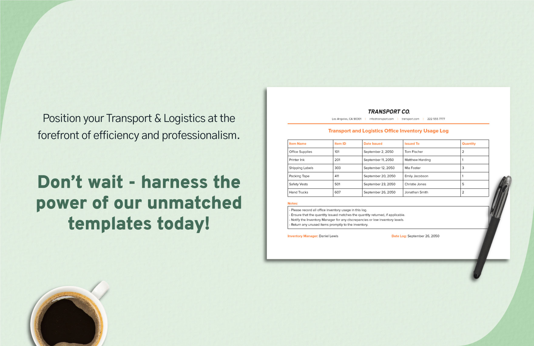 Transport and Logistics Office Inventory Usage Log Template