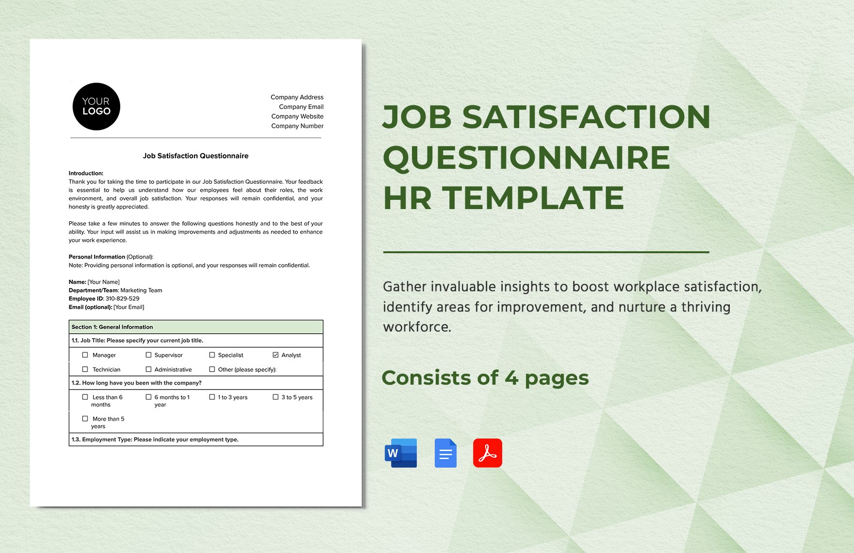 Job Satisfaction Questionnaire HR Template in Word, Google Docs, PDF