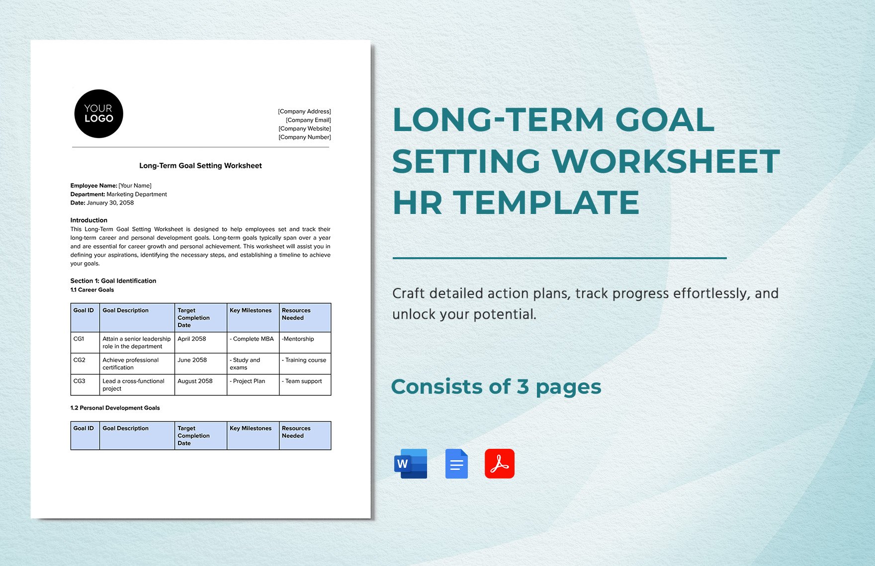 Long-term Goal Setting Worksheet HR Template in Word, Google Docs, PDF