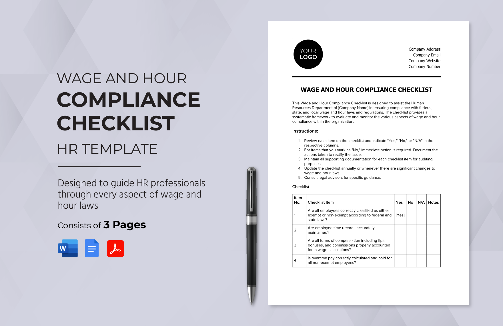 Wage and Hour Compliance Checklist HR Template