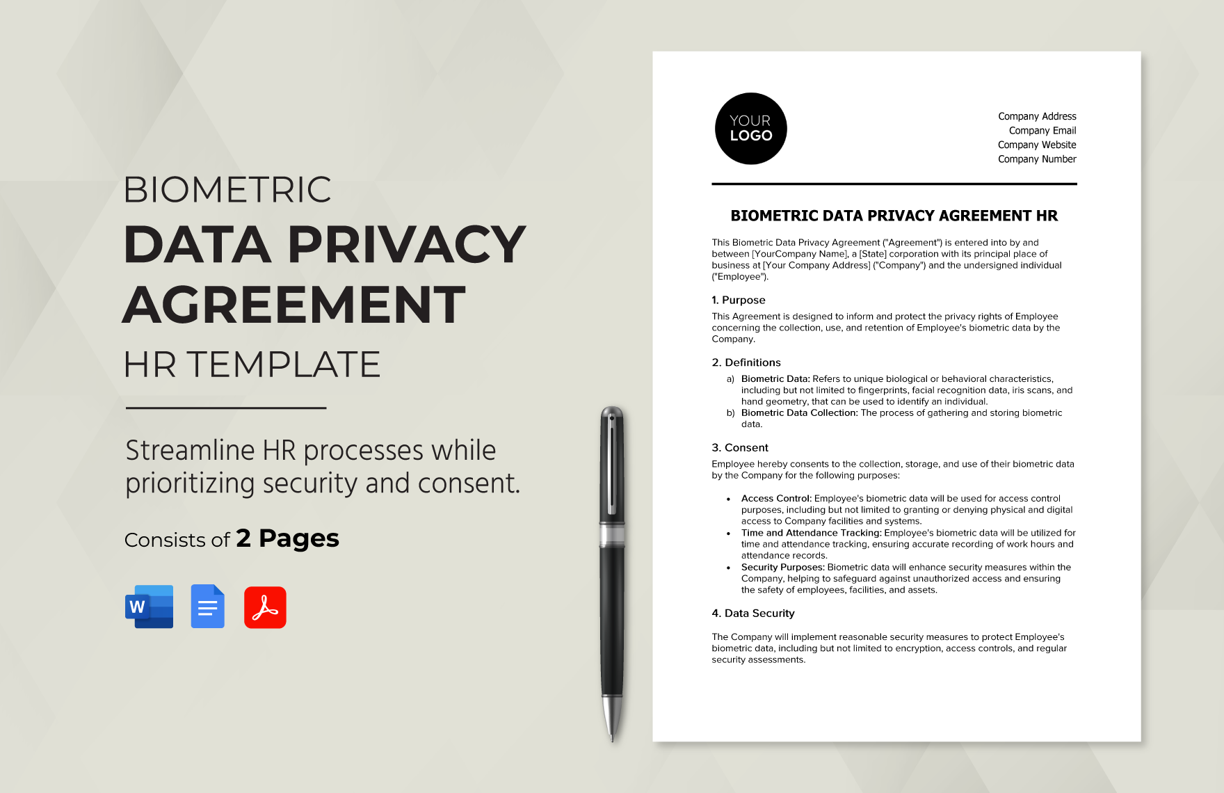 Biometric Data Privacy Agreement HR Template