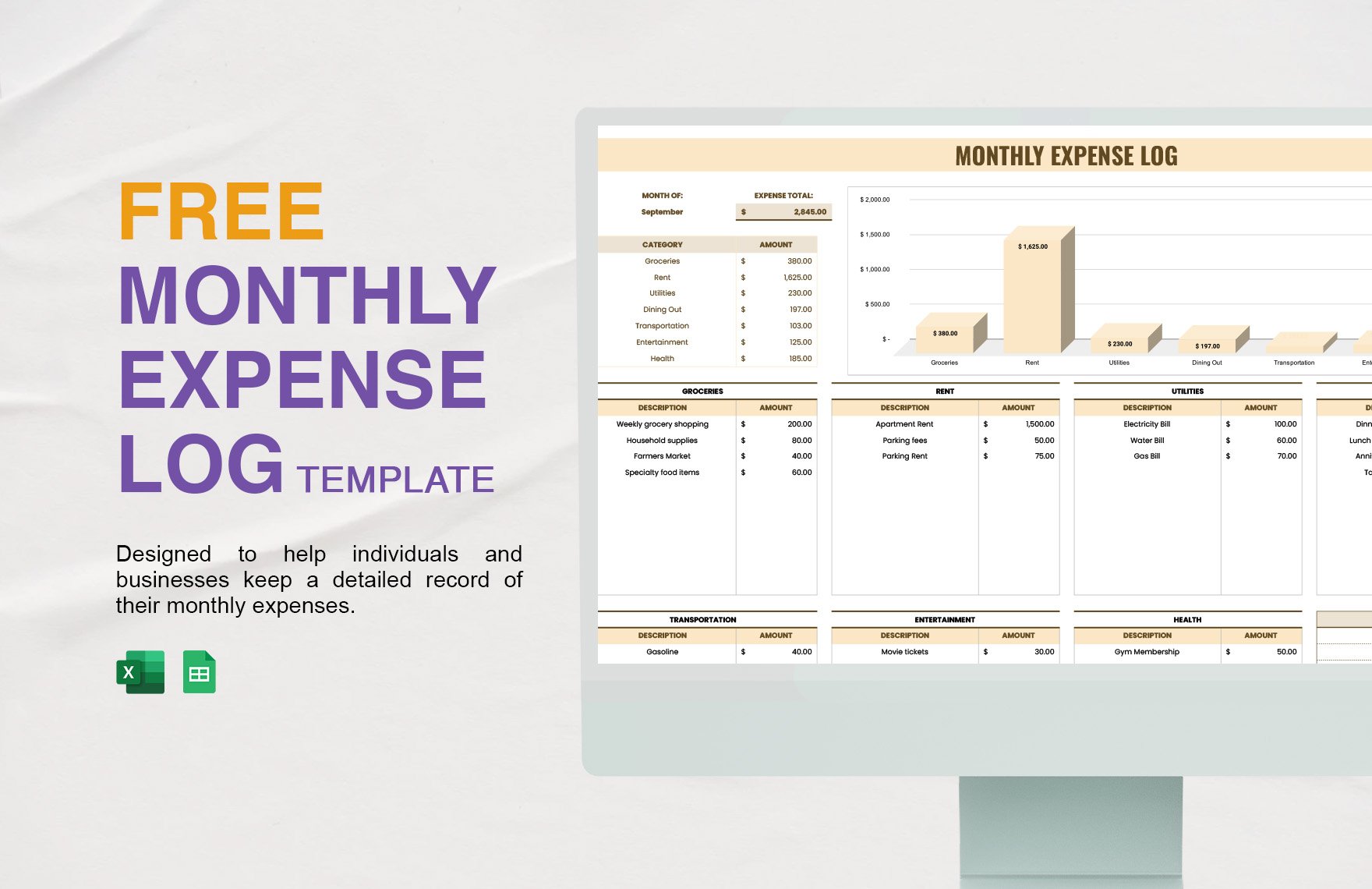 Free Monthly Expense Log Template in Excel, Google Sheets