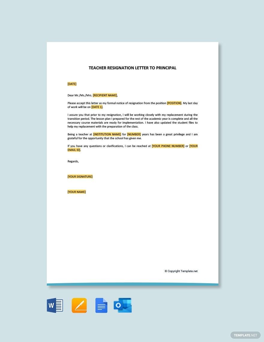 Free Teacher Resignation Letter To Principal in Word, Google Docs, PDF, Apple Pages, Outlook