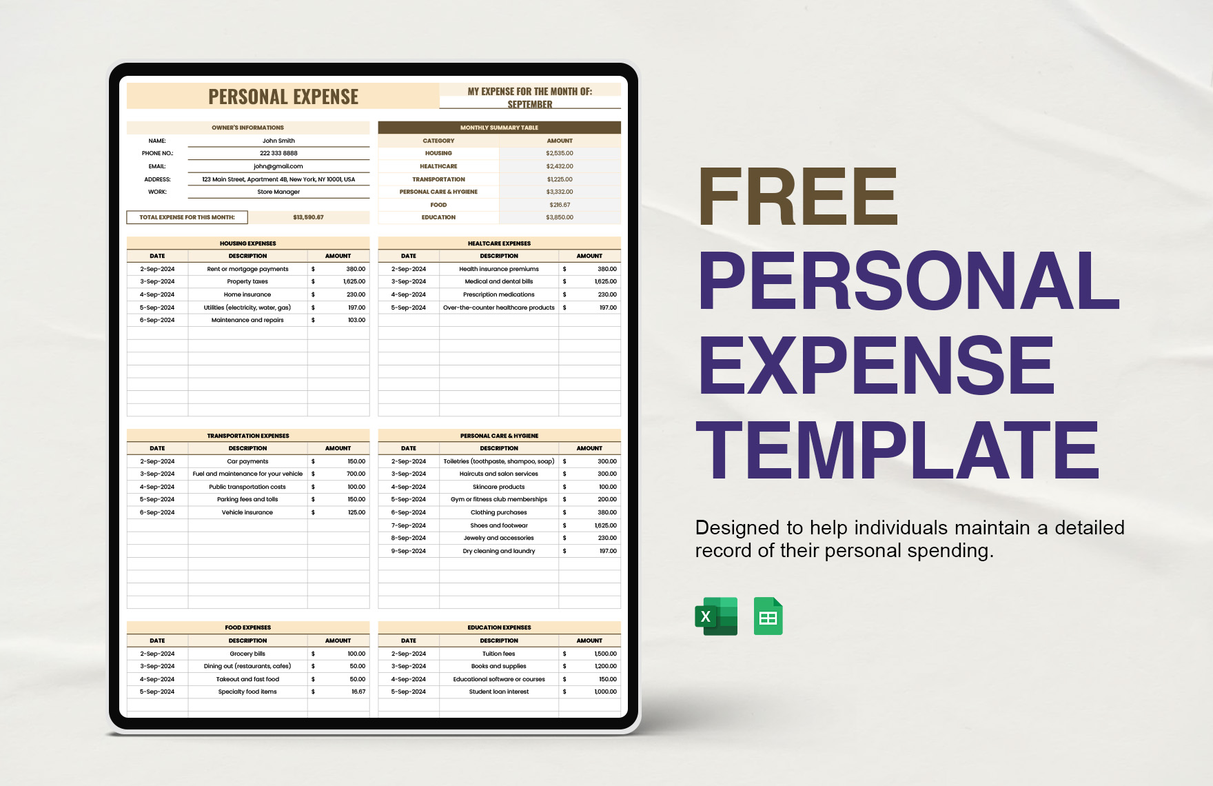 Free Personal Expense Template in Excel, Google Sheets