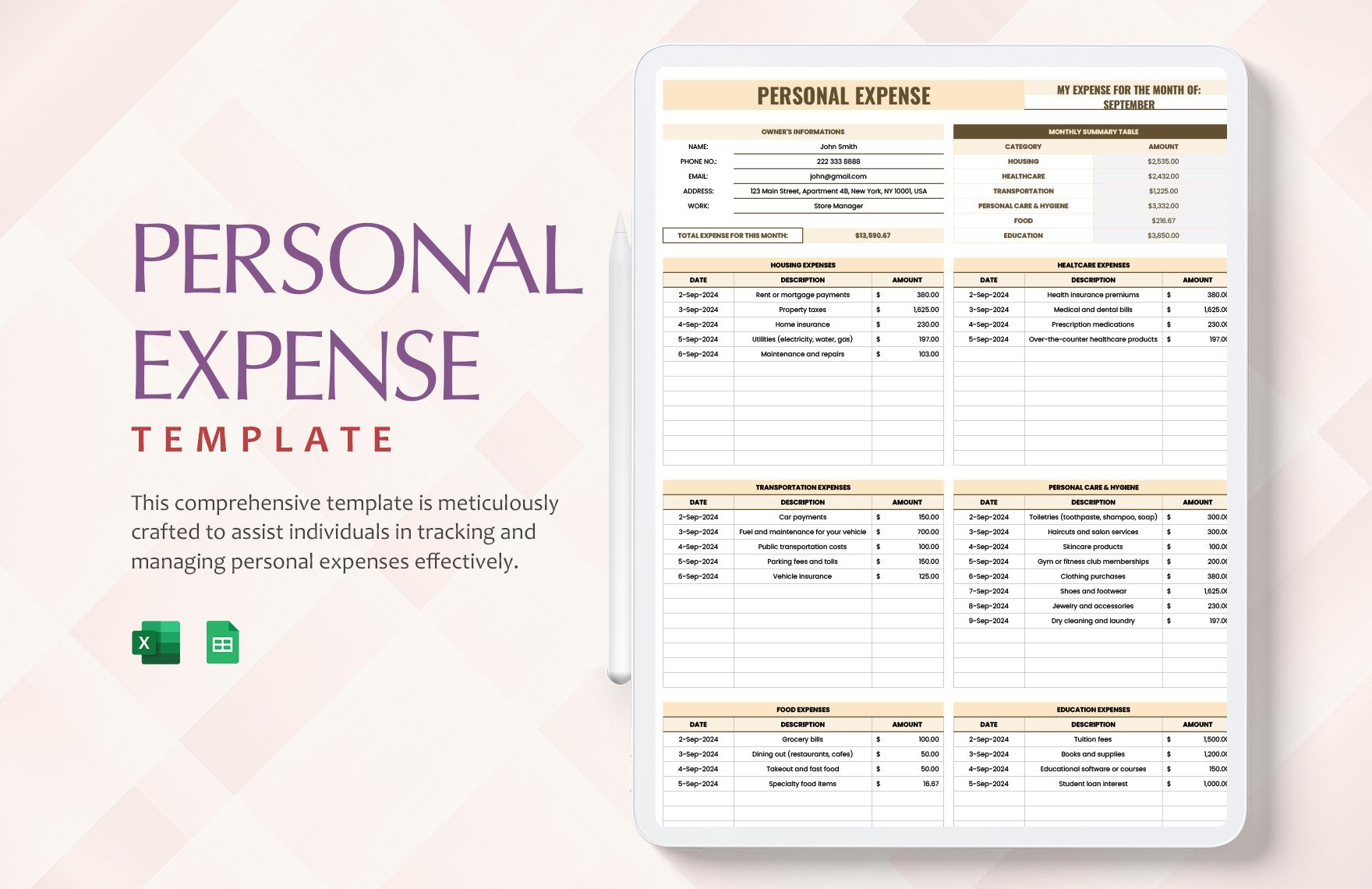 Free Personal Expense Template in Excel, Google Sheets