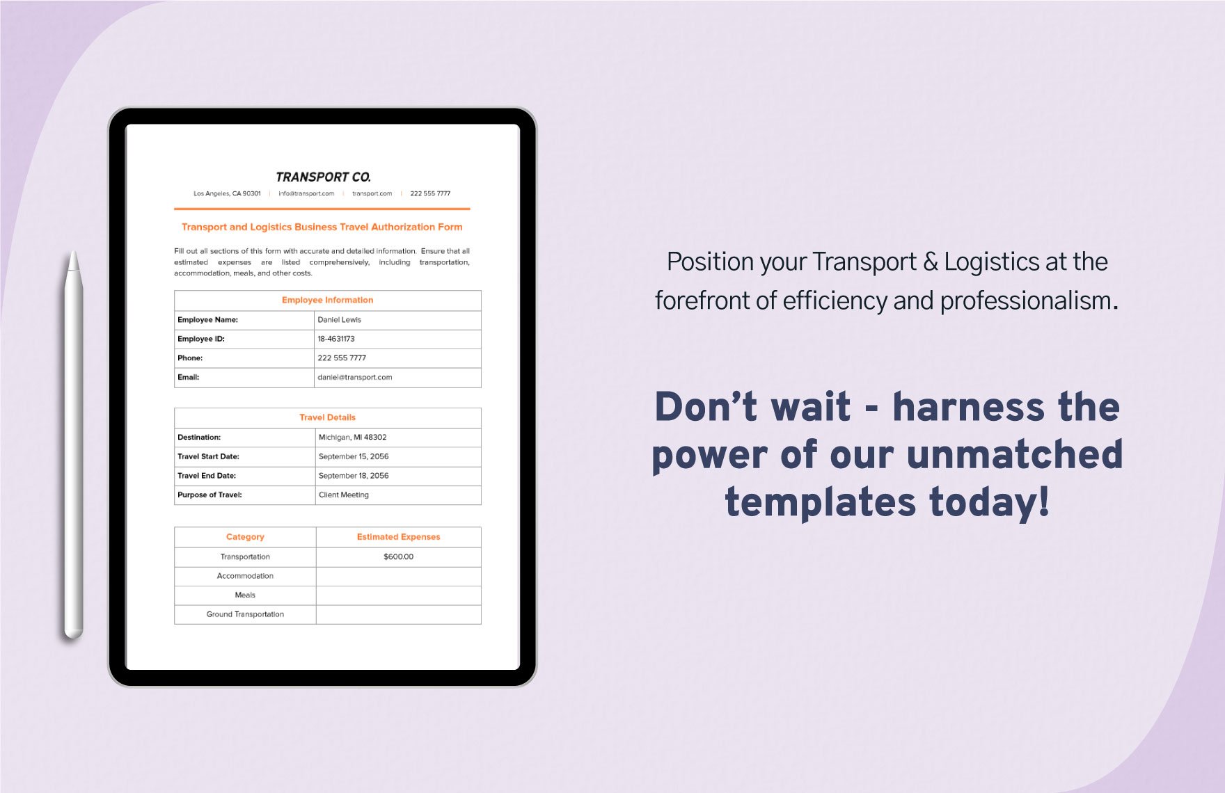 Transport and Logistics Business Travel Authorization Form Template