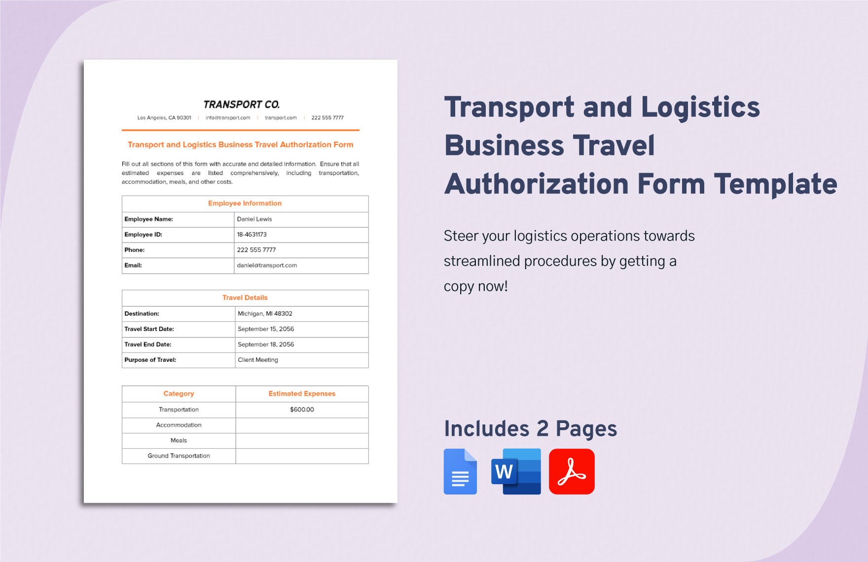 Transport and Logistics Business Travel Authorization Form Template