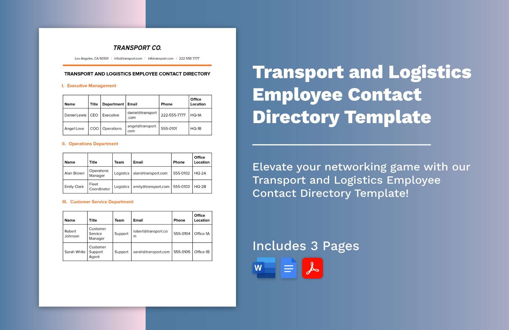 Transport and Logistics Employee Contact Directory Template