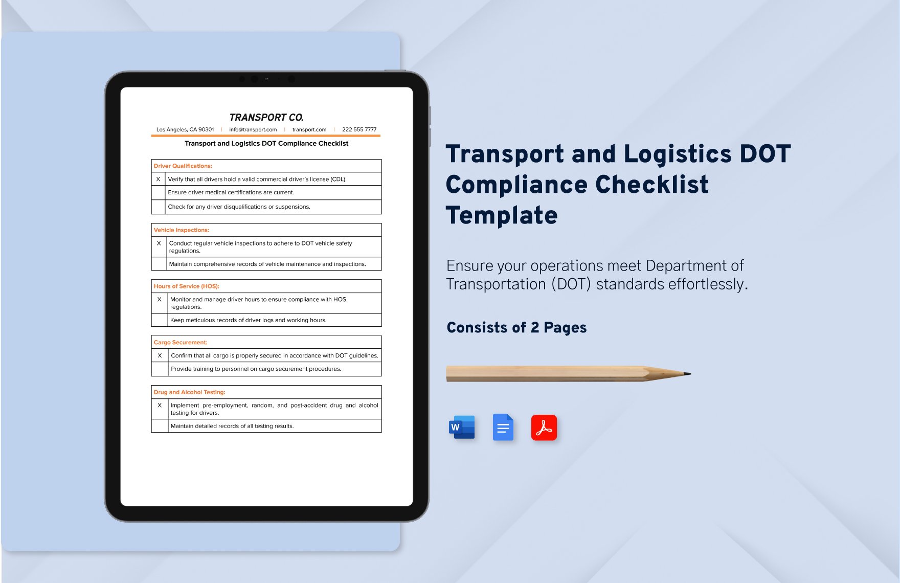 Transport and Logistics DOT Compliance Checklist Template in Word, Google Docs, PDF