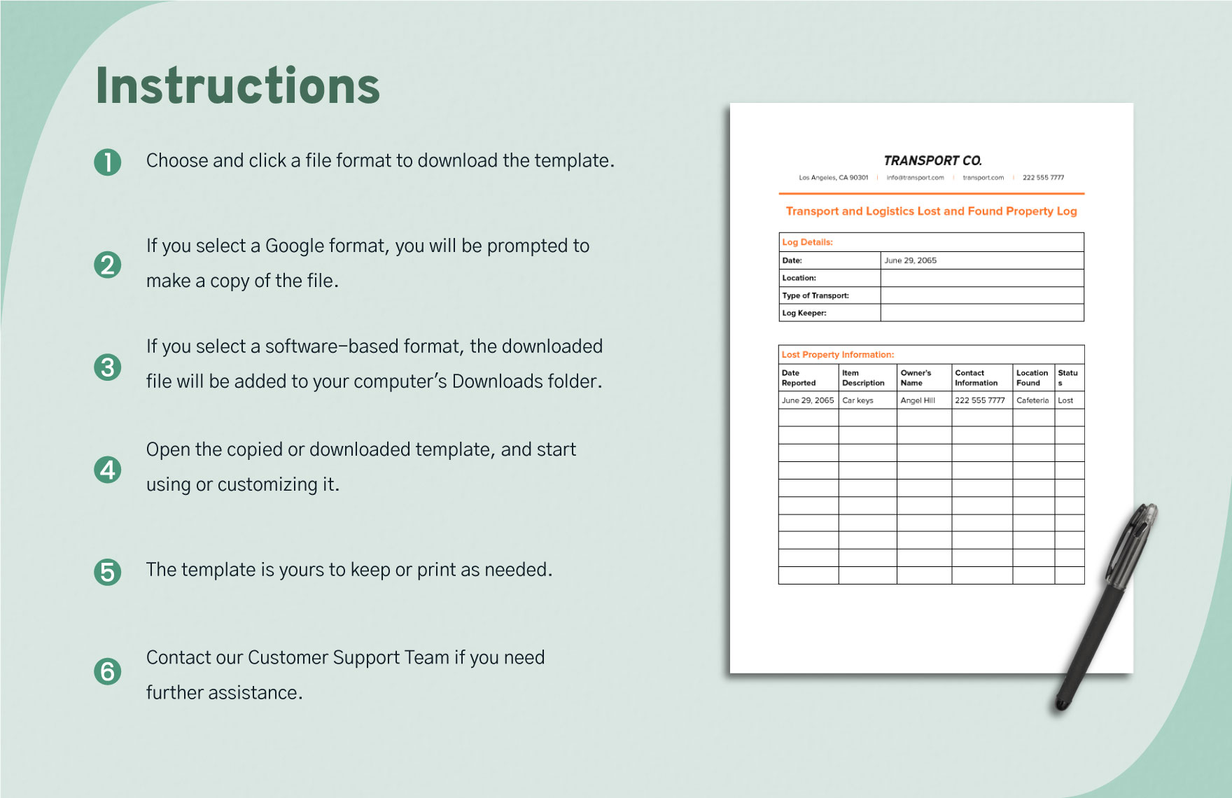 Transport and Logistics Lost and Found Property Log Template